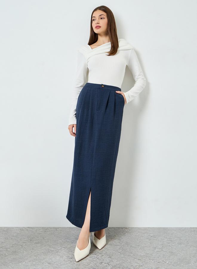 Styli Navy Blue A-Line Maxi Skirt with Slit - Image 4